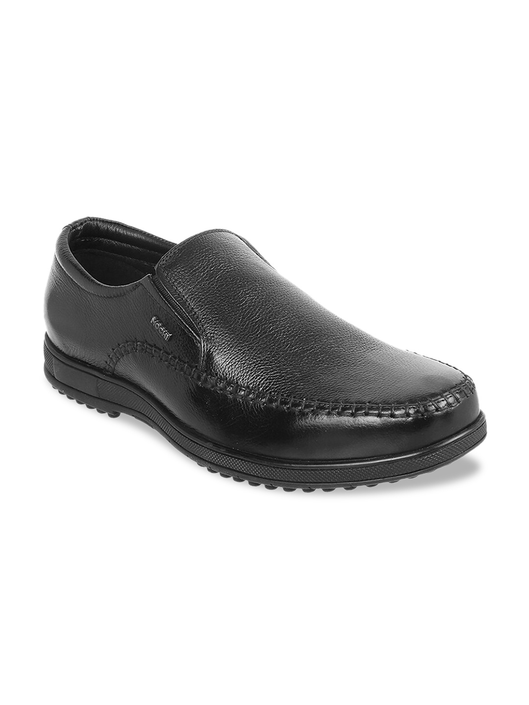 

Mochi Men Black Solid Leather Formal Slip-Ons