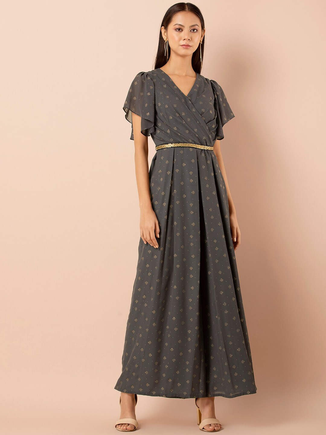 

INDYA Women Grey & Gold-Toned Foil Print Flared Jumpsuit