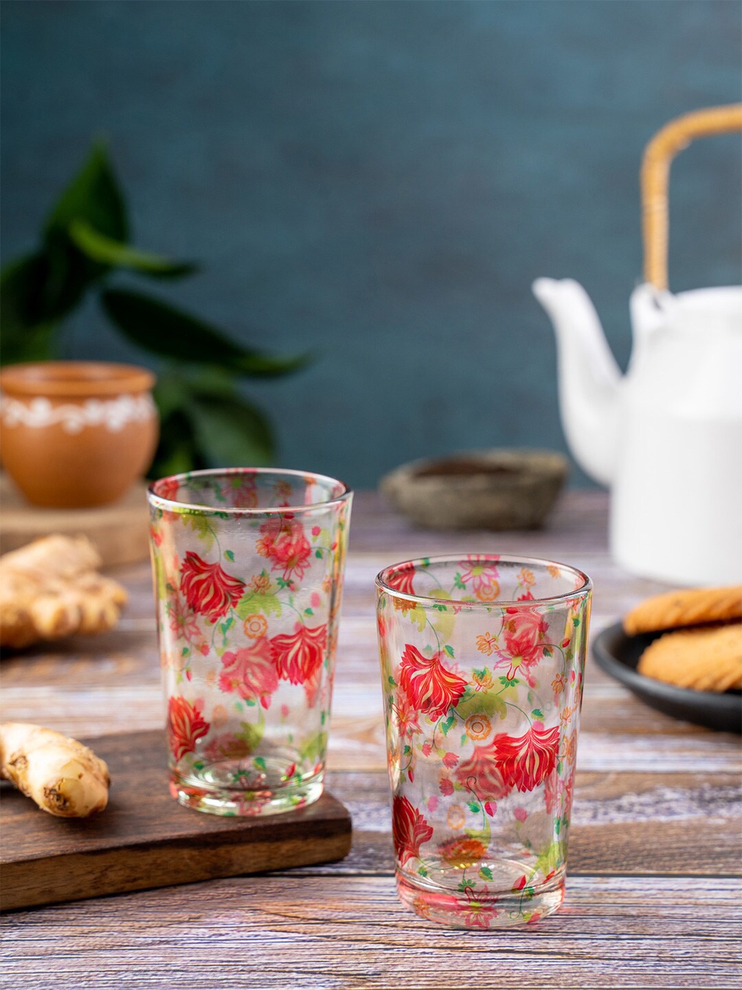 

KOLOROBIA Set Of 2 Transparent & Red Hand Painted Mughal Chai Glasses-200ML