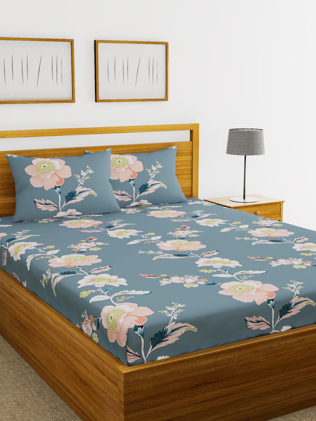 

BIANCA Grey & Peach-Coloured Floral 100 GSM Double Bedsheet With 2 Pillow Covers