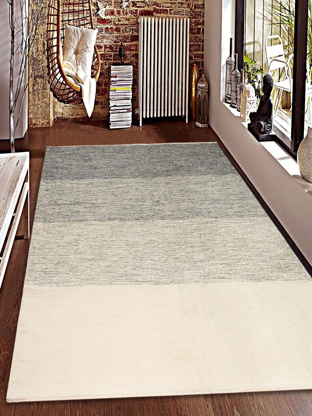 

Saral Home Grey & White Striped Handloom Made Woven Dhurrie