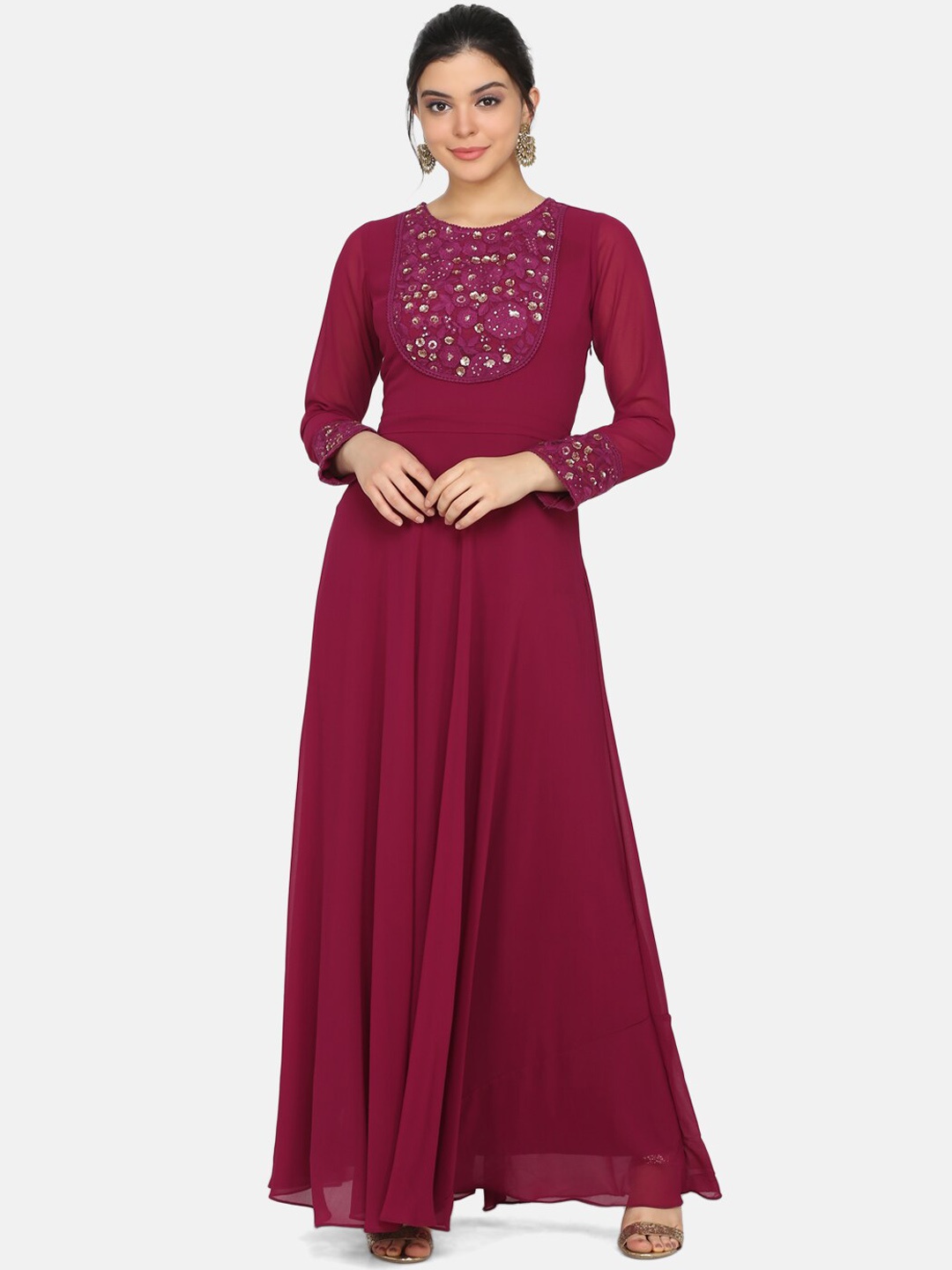 

Ojjasvi Women Burgundy Embroidered Maxi Dress