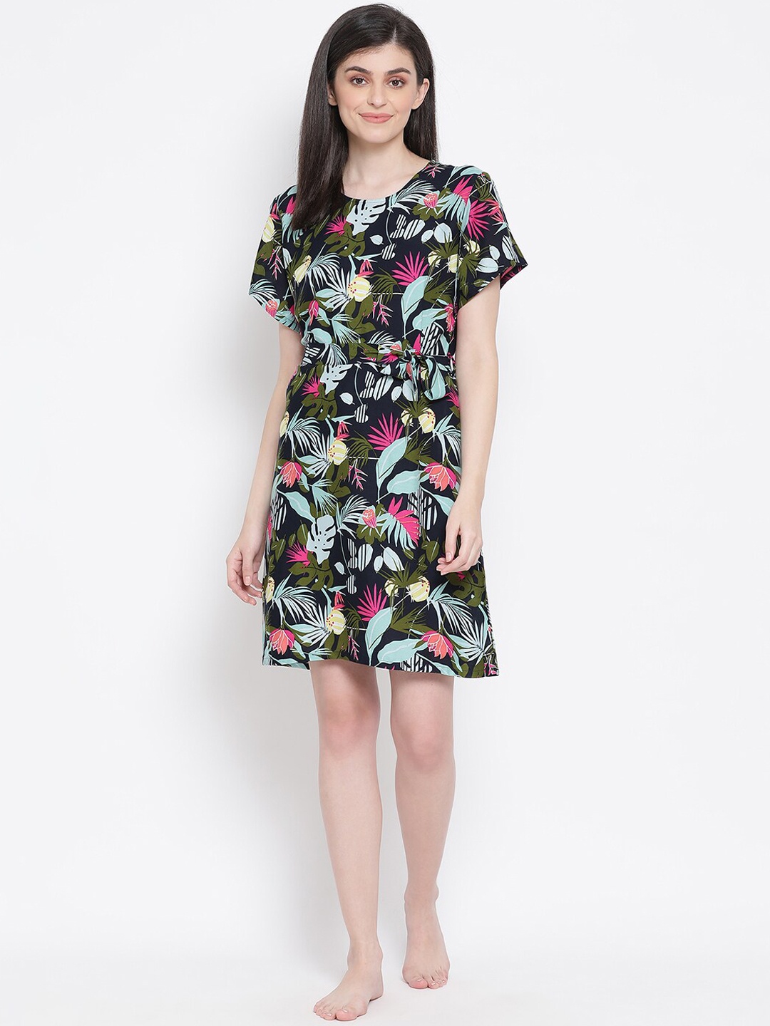 

Clovia Women Blue & Green Floral Printed Nightdress