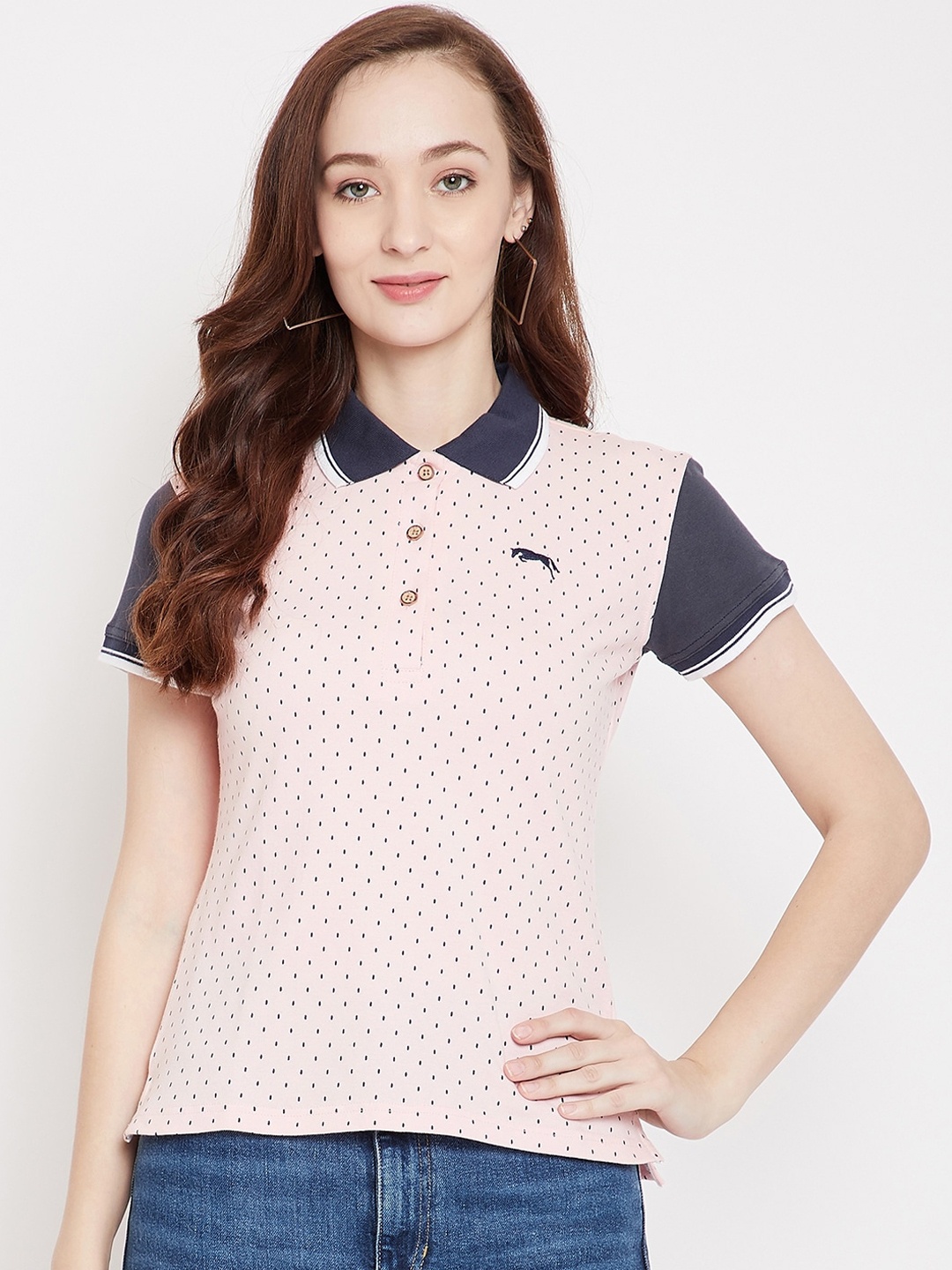 JUMP USA Women Pink Printed Polo Collar Pure Cotton T-shirt