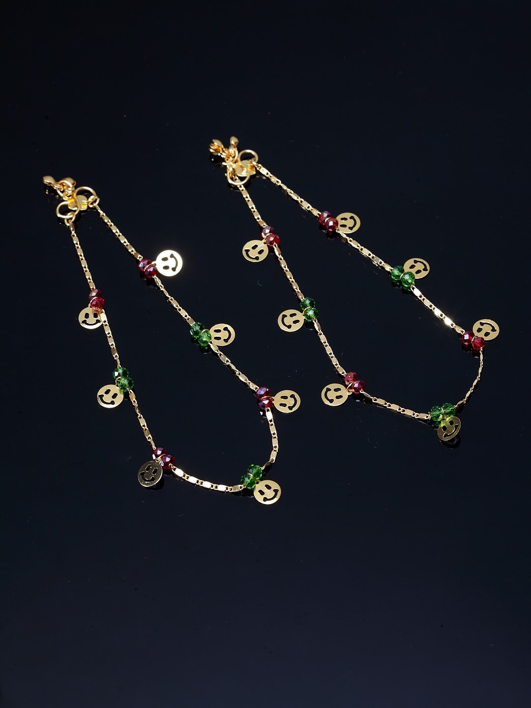 

PANASH Set Of 2 Green & Red Gold-Plated Beaded Handcrafted Anklets