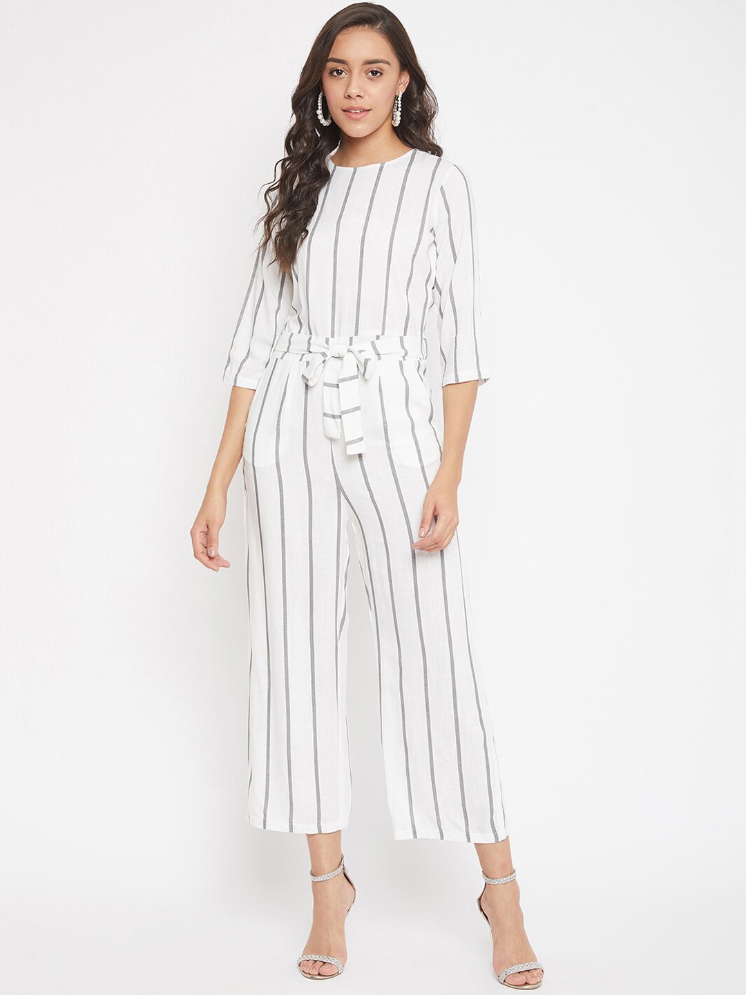 

Crimsoune Club Women Grey & White Striped Basic Jumpsuit