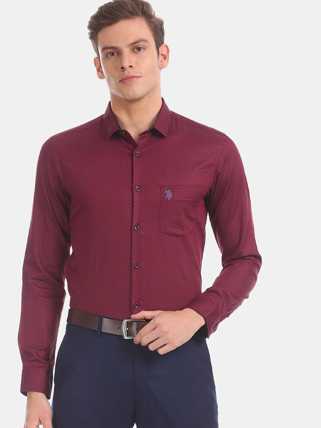 

U.S. Polo Assn. Men Maroon Slim Fit Printed Formal Shirt