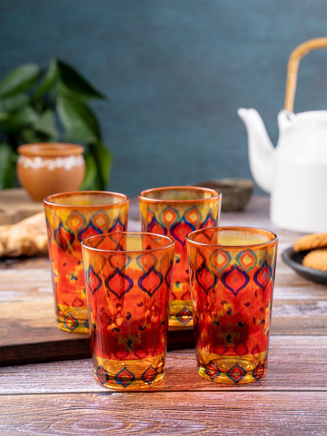 

KOLOROBIA Multicoloured Set of 4 Dazzling Ikat Chai Glass-200ML, Orange