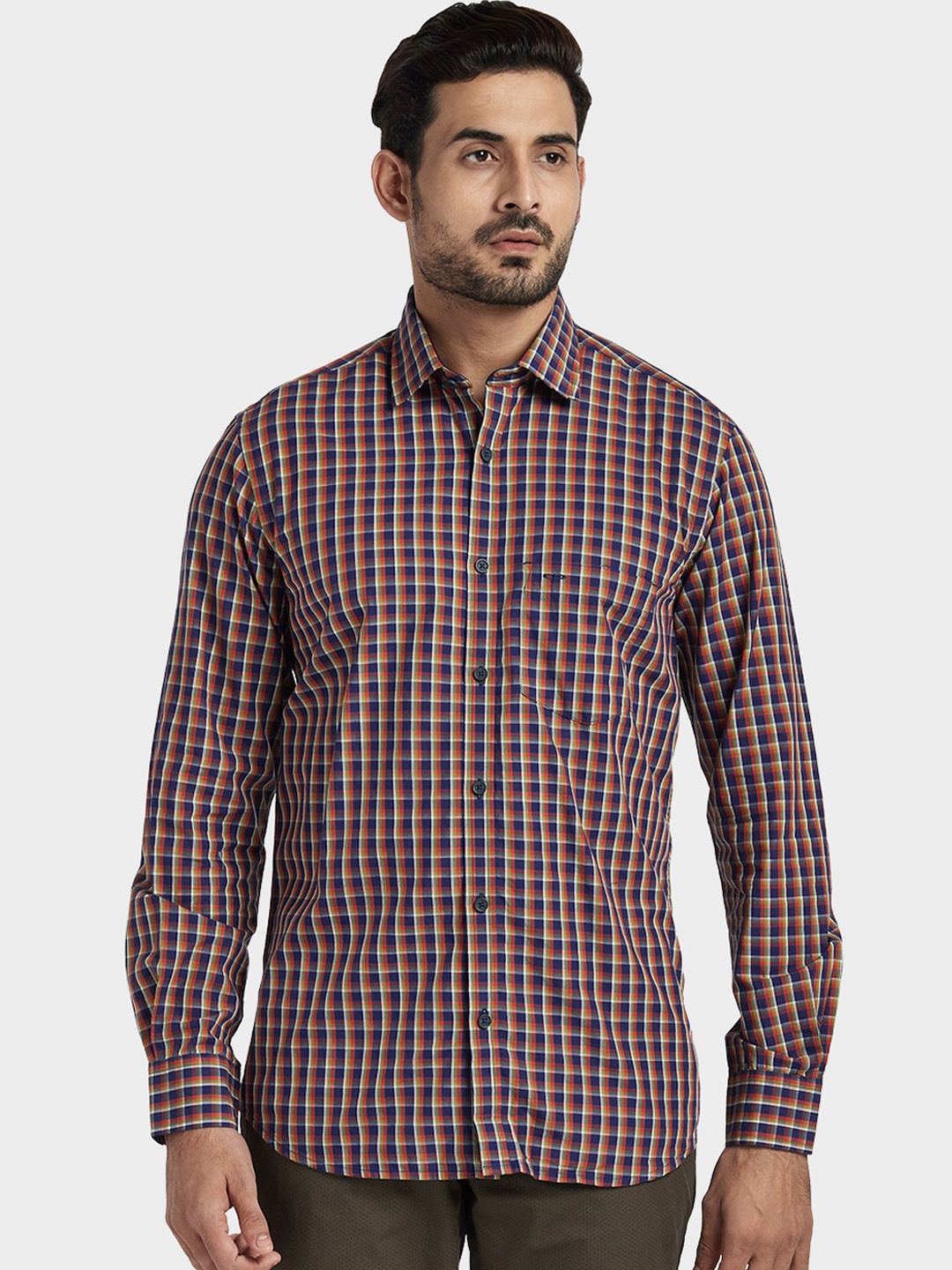 

ColorPlus Men Orange & Blue Tailored Fit Checked Casual Shirt