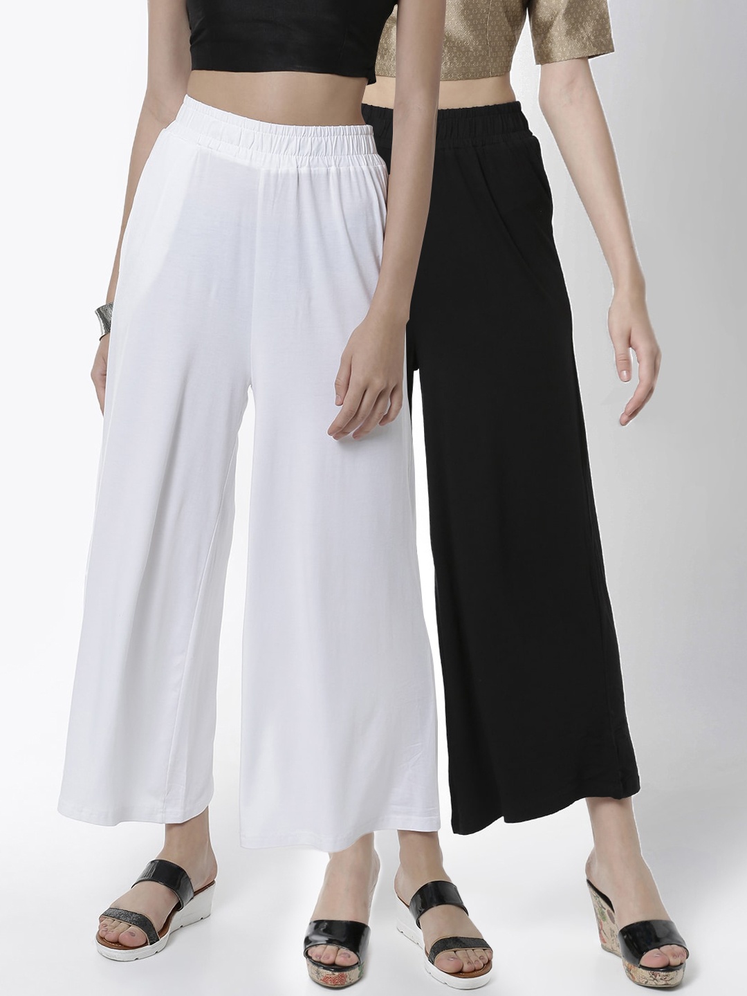 

De Moza Women Pack Of 2 Solid Wide Leg Palazzos, Black