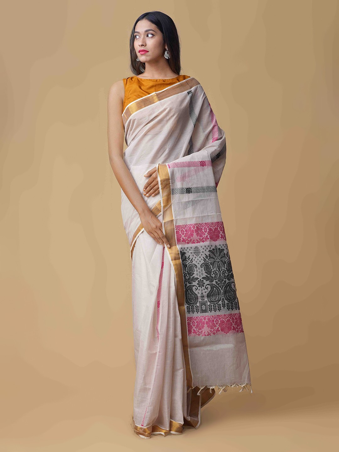 

Unnati Silks Cream-Coloured Solid Pure Cotton Saree