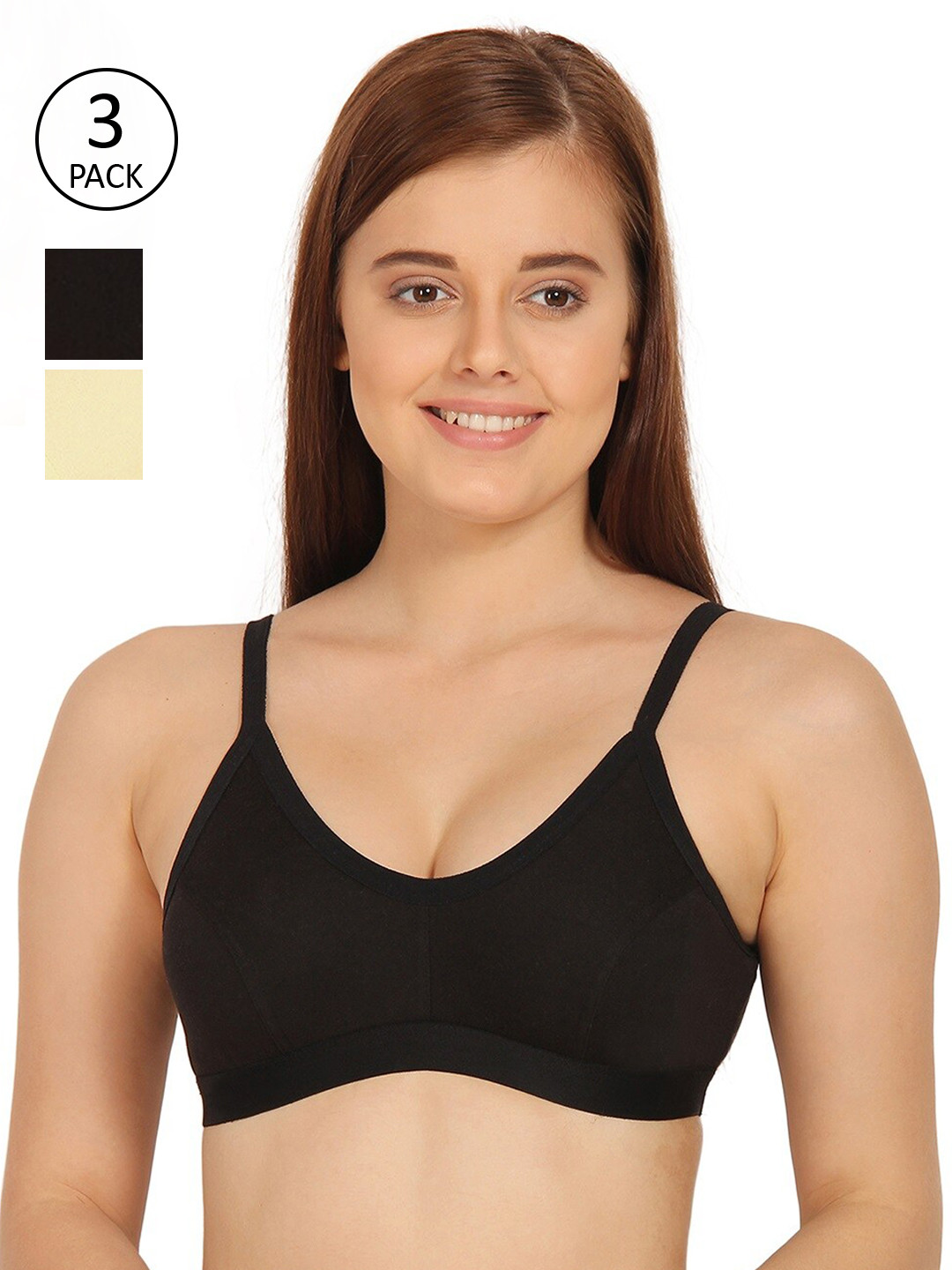 

Innocence Pack Of 3 Black & Cream-Coloured Solid Non-Wired Non Padded Workout Bra