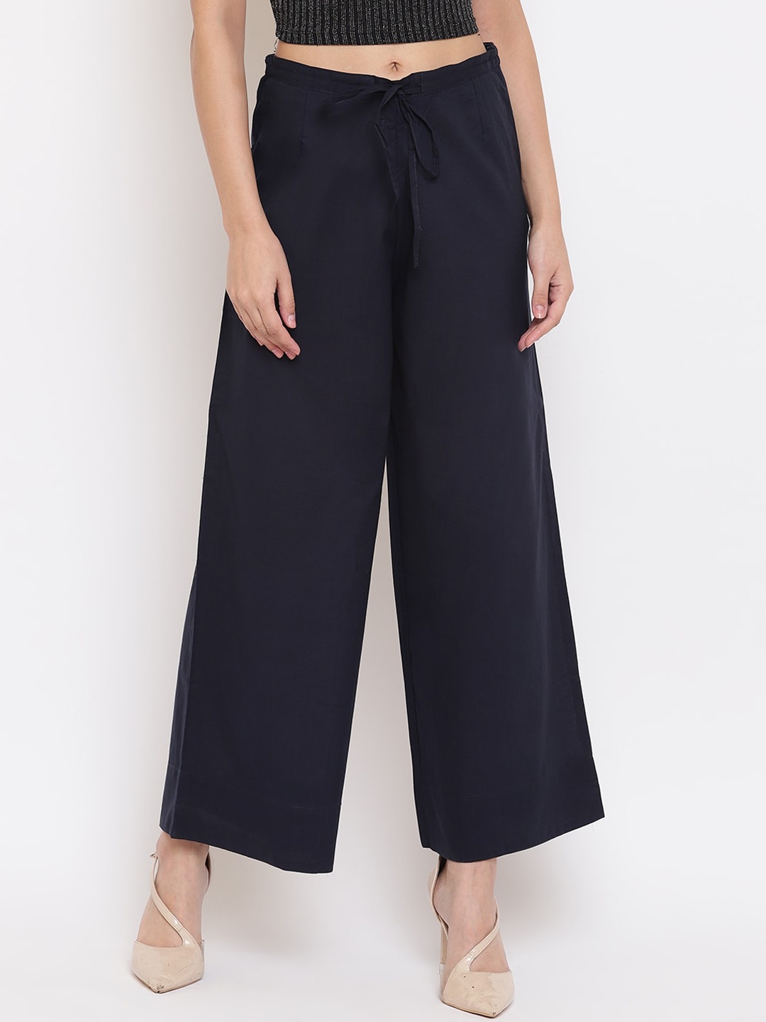 

Janasya Women Navy Blue Solid Wide-Leg Palazzos
