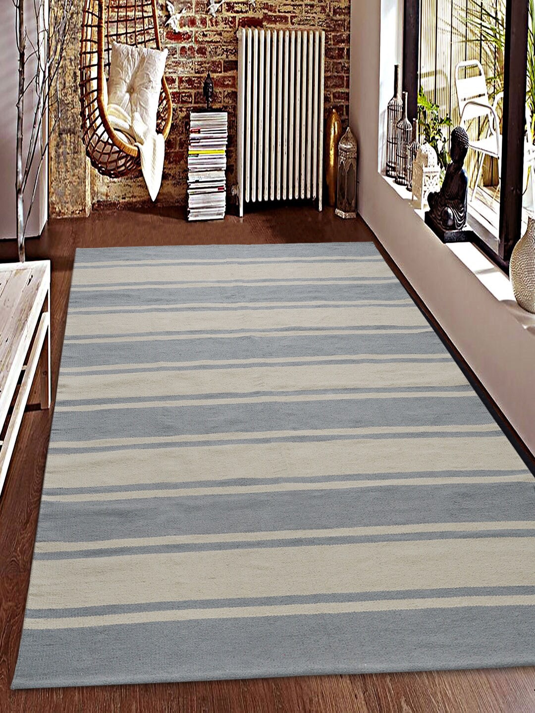 

Saral Home Unisex Grey & White Striped Anti-Skid Dhurrie