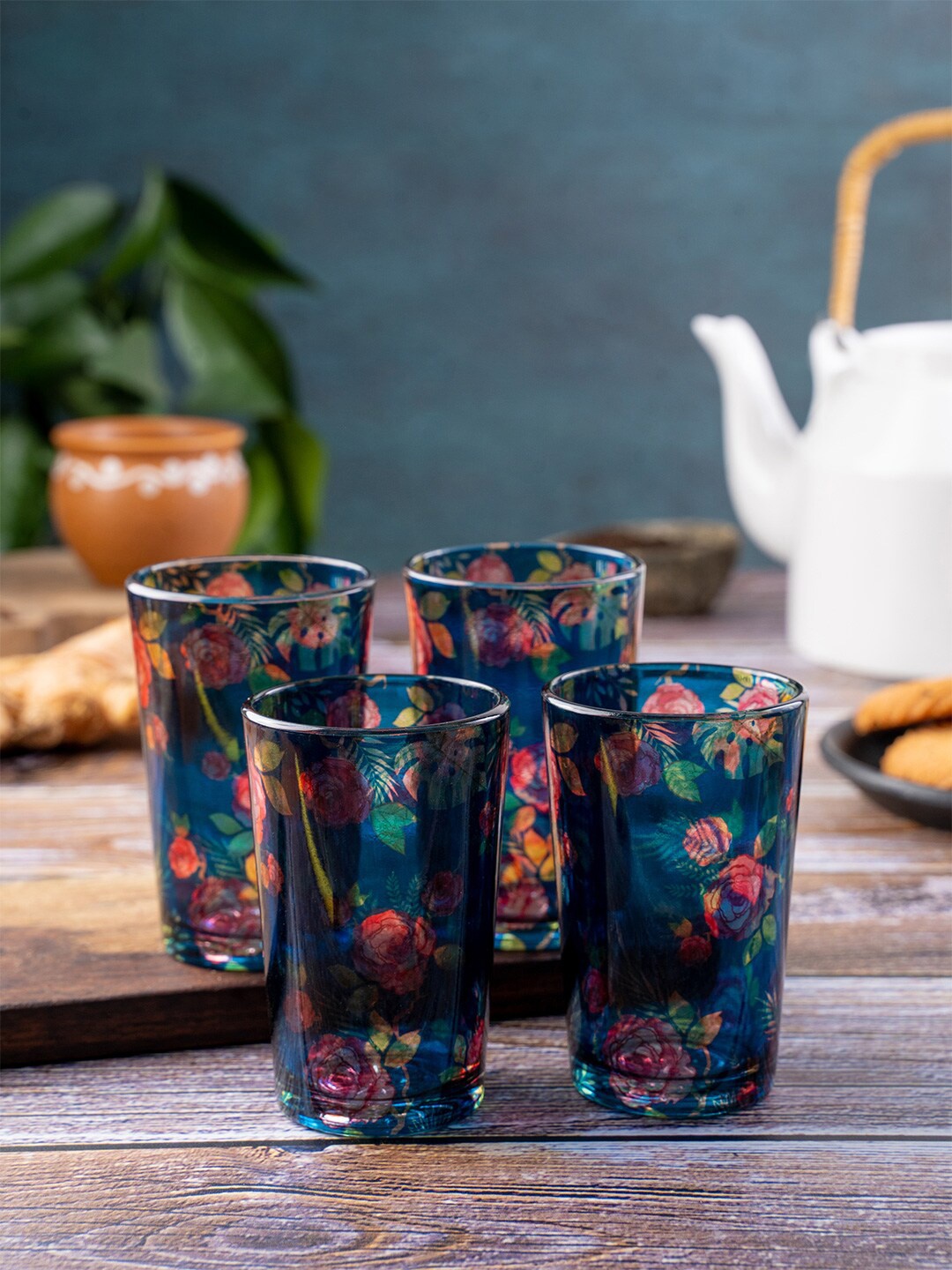 

KOLOROBIA Set of 4 Multicoloured Printed Glass Cups, Multi