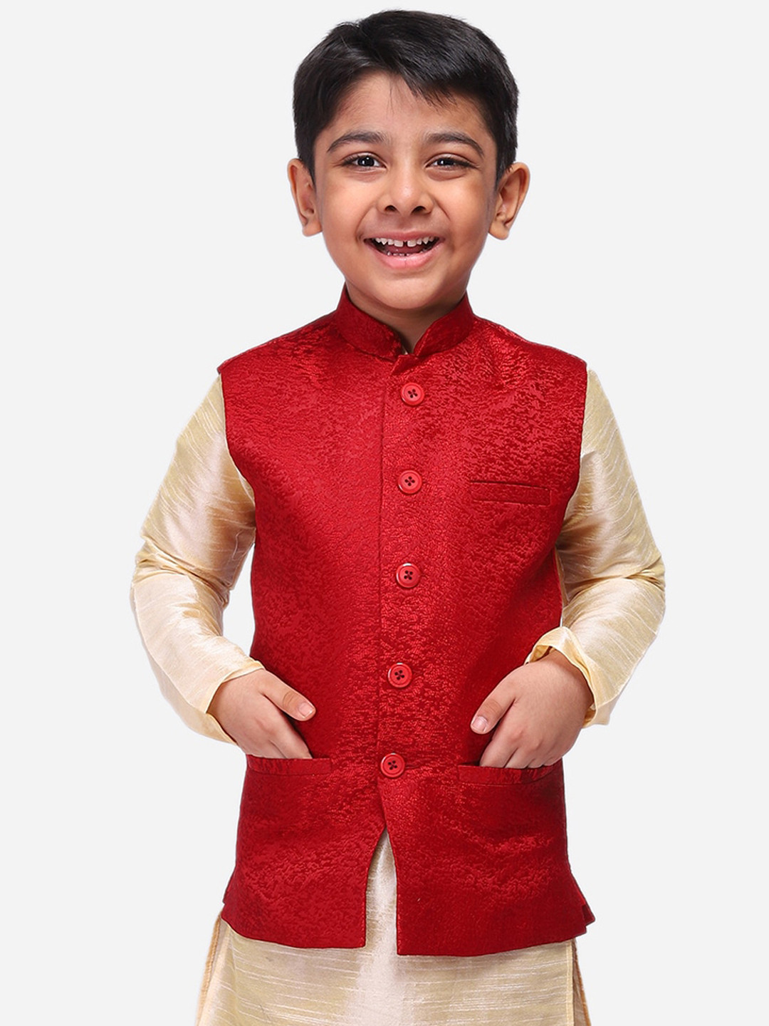 

NAMASKAR Boys Maroon Woven-Design Nehru Jacket, Red
