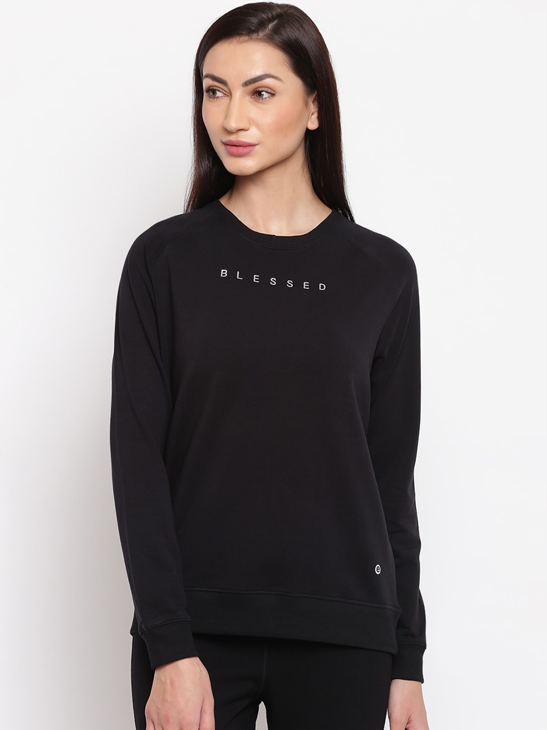 Enamor Women Solid Cotton Relaxed Fit Basic Sweatshirt, Black