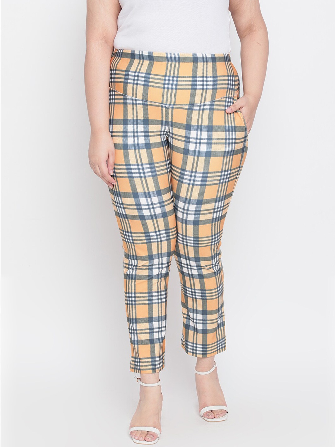

Amydus Women Plus Size Yellow & Blue Checked Tummy Shaper Treggings