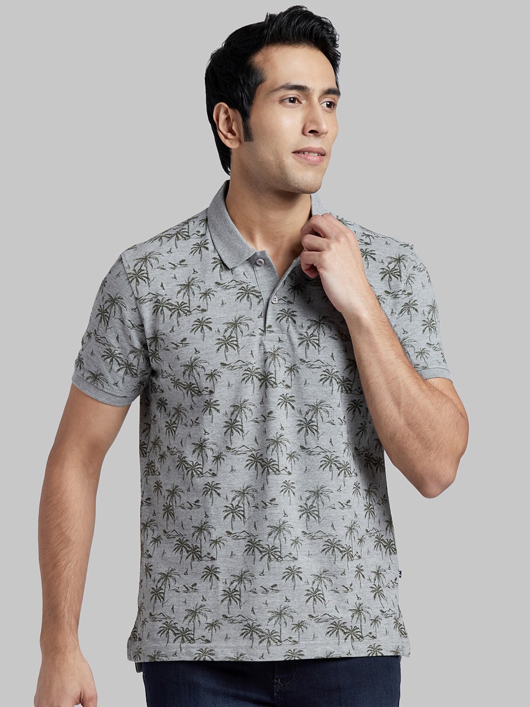 

Parx Men Grey & Green Printed Polo Collar T-shirt