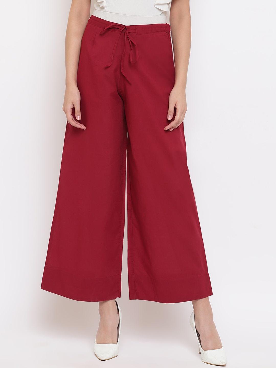 

Janasya Women Red Solid Wide-Leg Palazzos