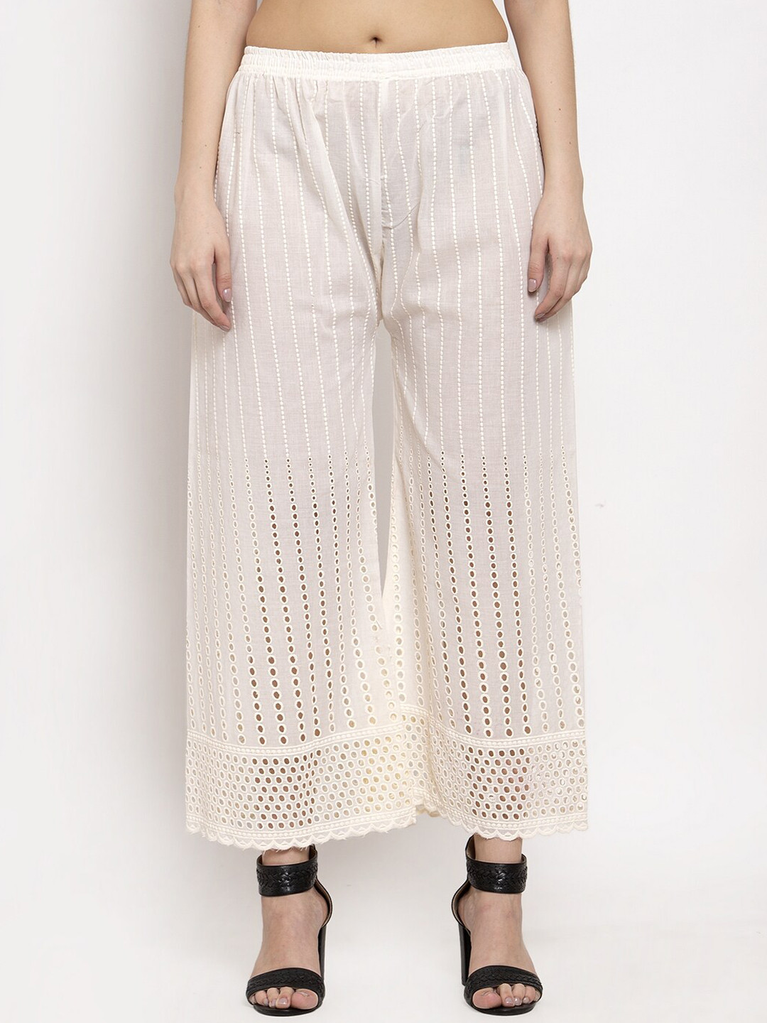 

Miaz Lifestyle Women Off-White Eyelet Embroidered Straight Palazzos
