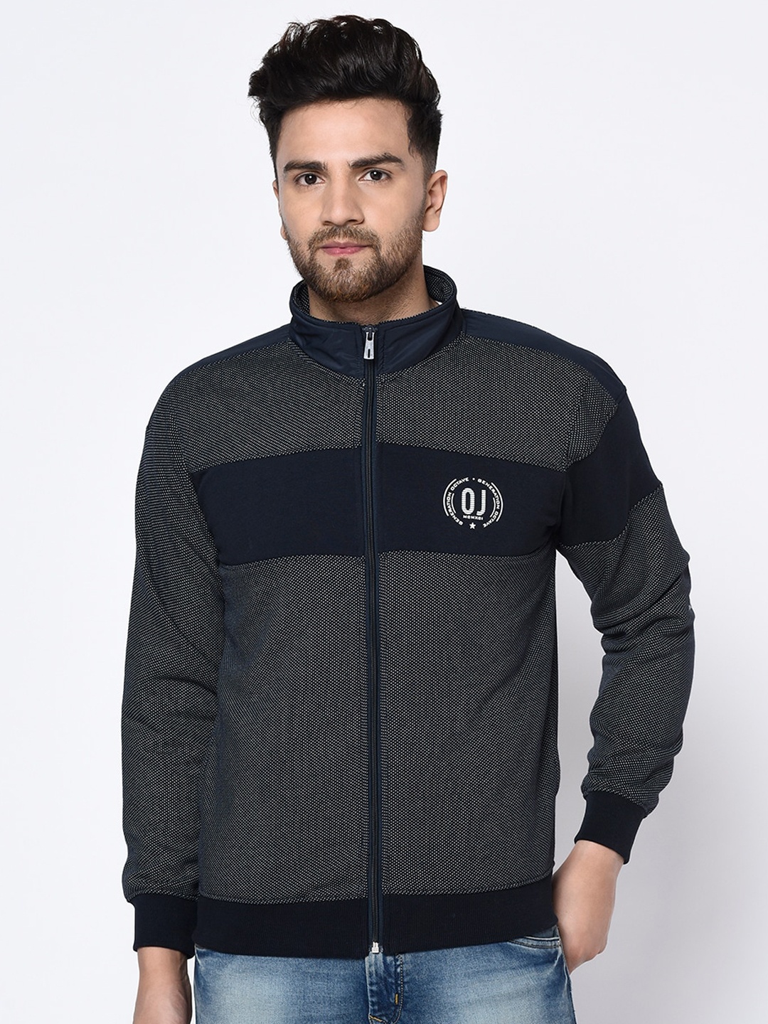 

Octave Men Navy Blue & White Self Design Sweatshirt