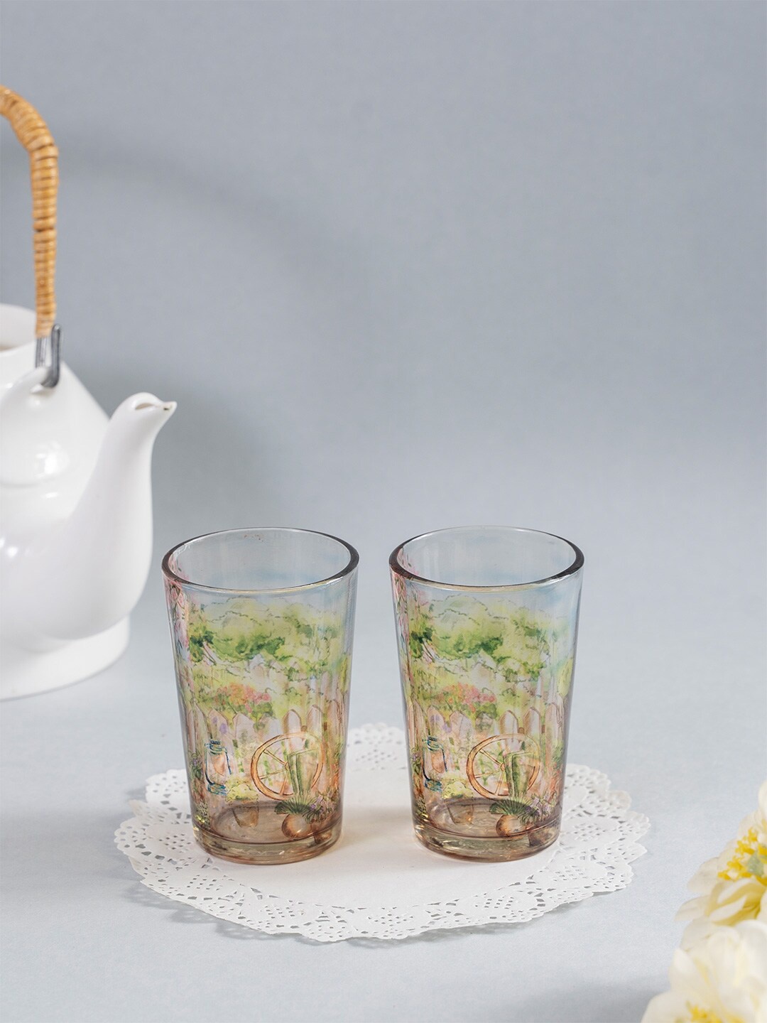 

Kolorobia Multicolored Set of 2 English Flower-Adorned Chai Glasses-200ML, Multi
