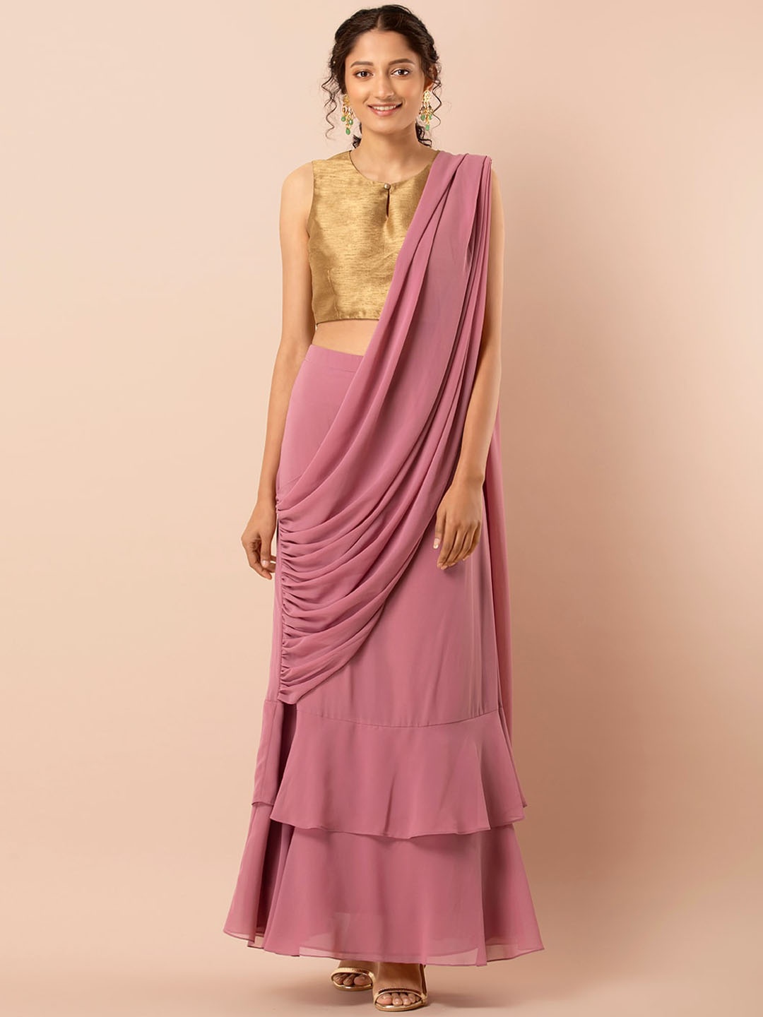 

INDYA Pink Solid Ruffled Pre Draped Ready To Wear Saree