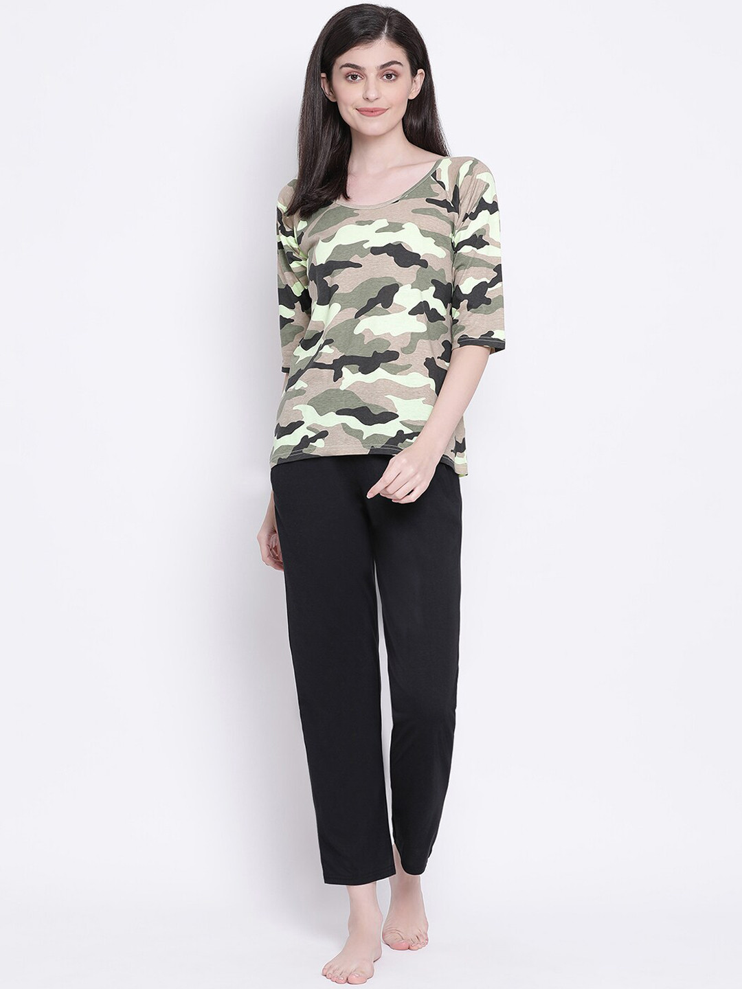 

Clovia Women Green & Black Camouflage Printed Night Suit