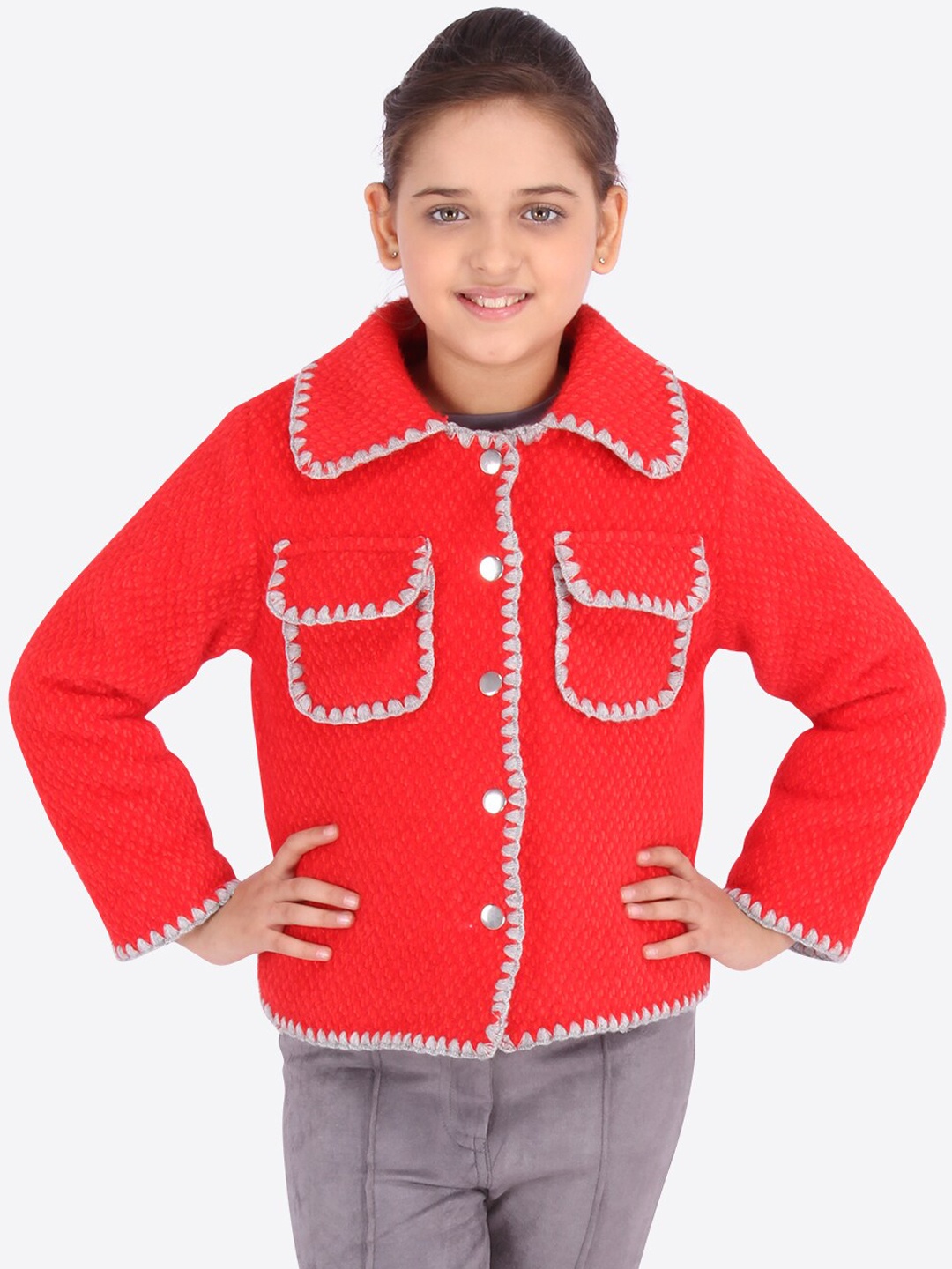 

CUTECUMBER Girls Red & White Self-Design Overcoat