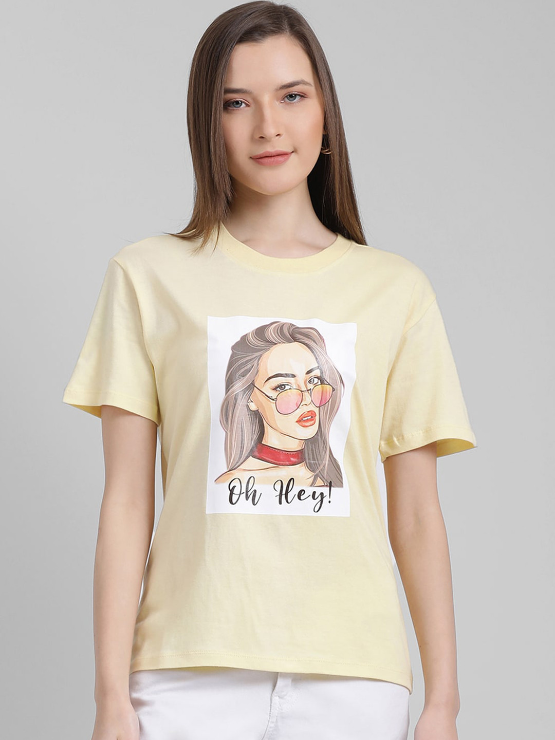 

Zink London Women Yellow Printed Round Neck Cotton Pure Cotton T-shirt