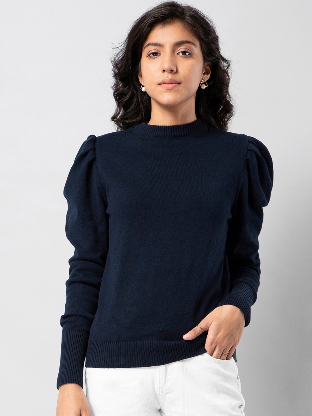 

FabAlley Women Navy Blue Solid Pullover Sweater