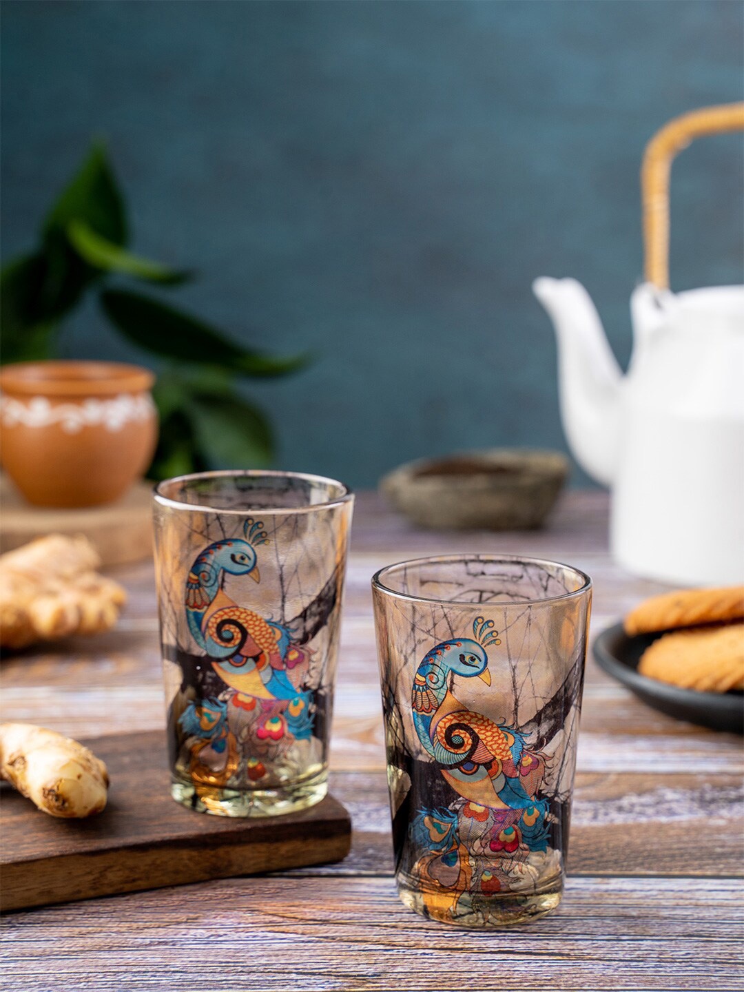 KOLOROBIA Beige & Blue Set of 2 Charismatic Peacock Printed Chai Glasses