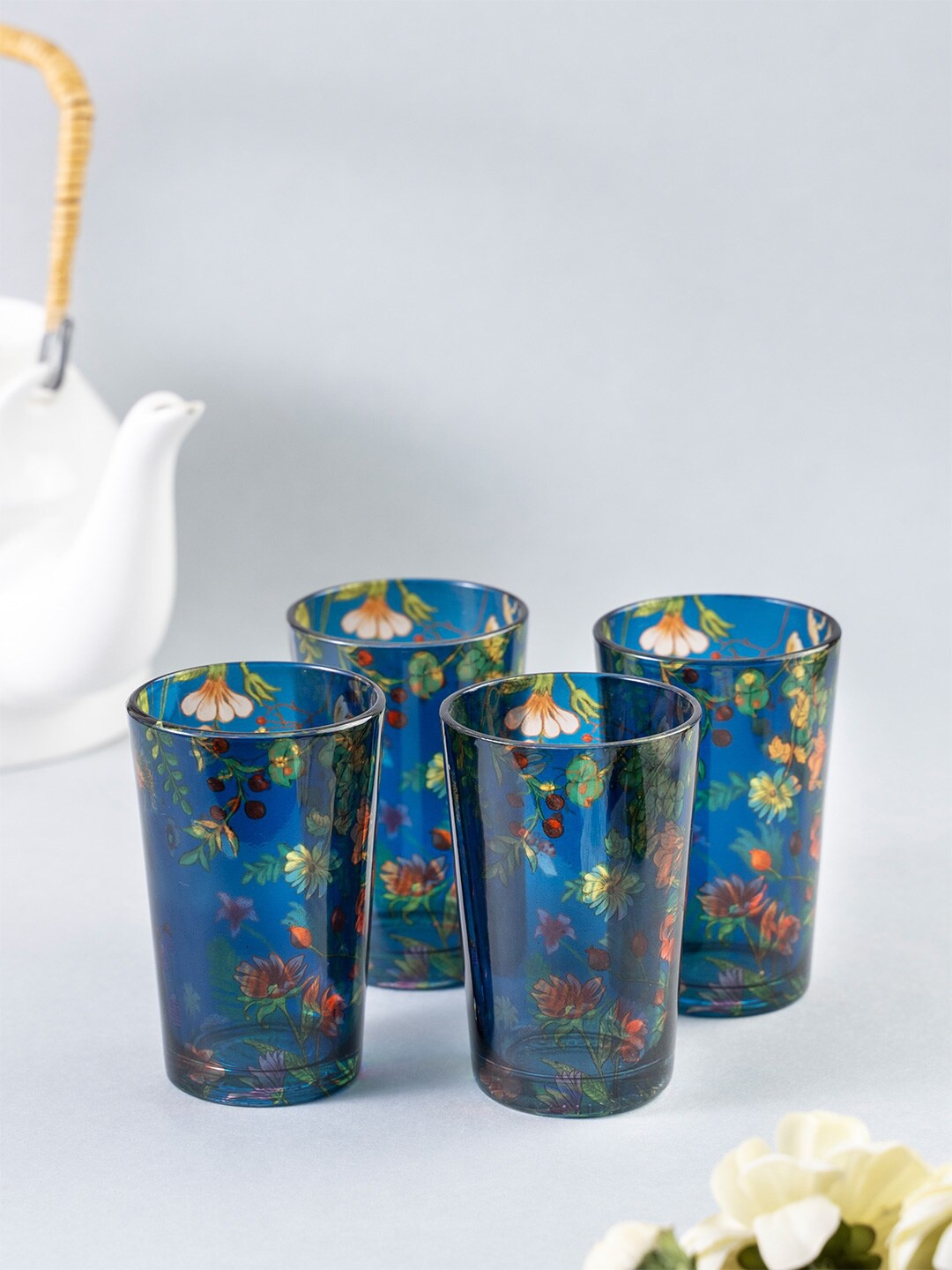 

KOLOROBIA Set Of 4 Blue Printed Floral Bliss Chai Glasses-200ML