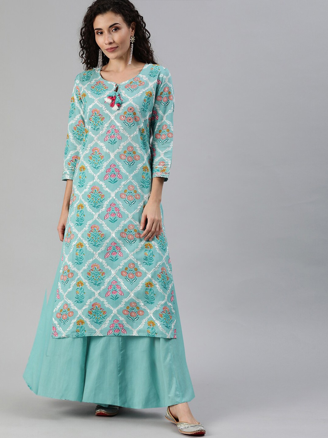 Ishin Women Blue & Peach-Coloured Printed Gota Patti A-Line Kurta