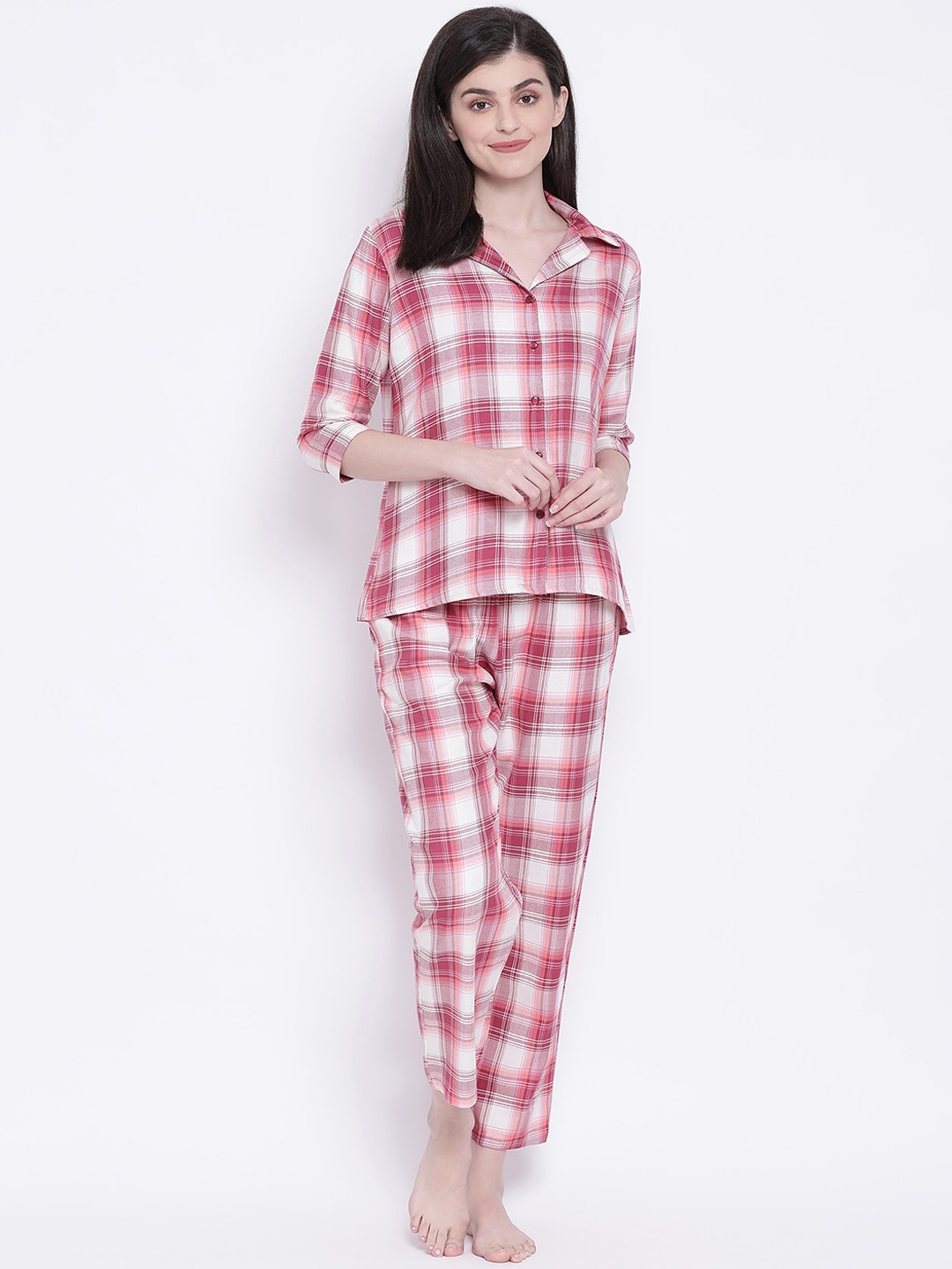 

Clovia Women Pink & White Checked Night Suit