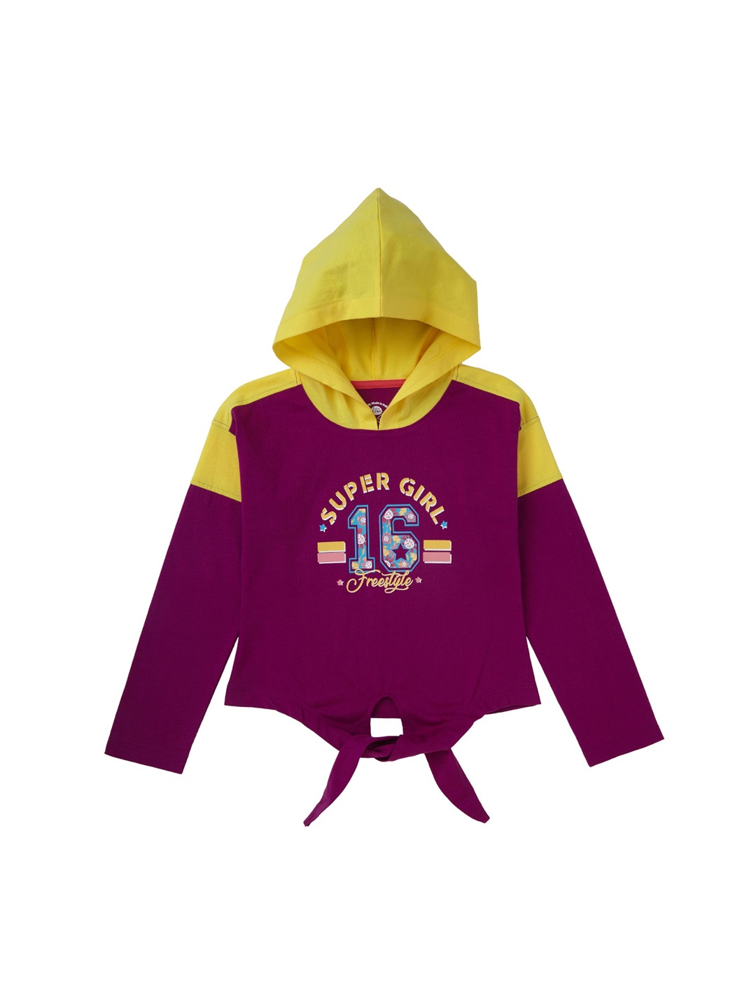 Cub McPaws Girls Maroon & Yellow Printed Hooded T-shirt