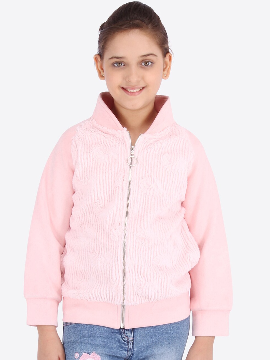 

CUTECUMBER Girls Peach-Coloured Printed Bomber