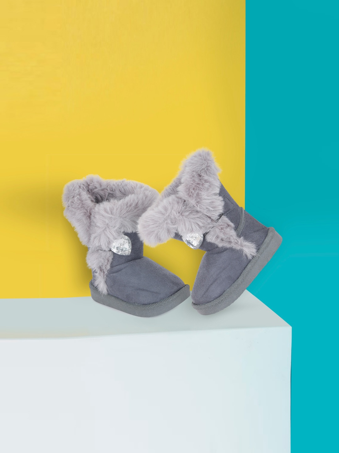 

PASSION PETALS Girls Grey Solid Suede Faux Fur High-Top Flat Boots