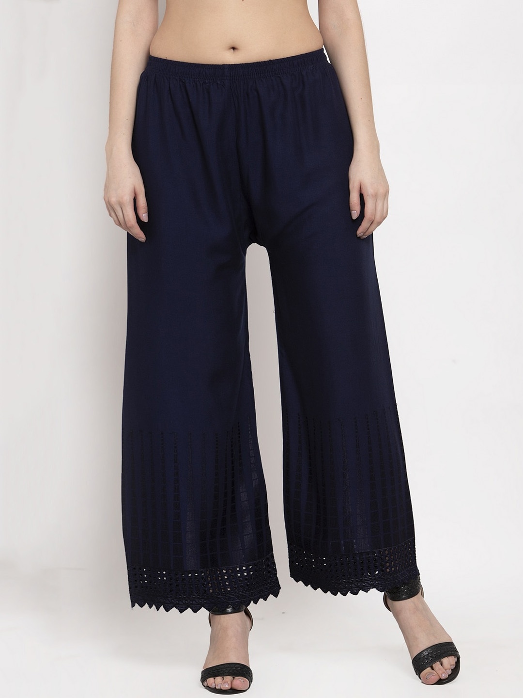 

Miaz Lifestyle Women Navy Blue Hem Design Straight Palazzos