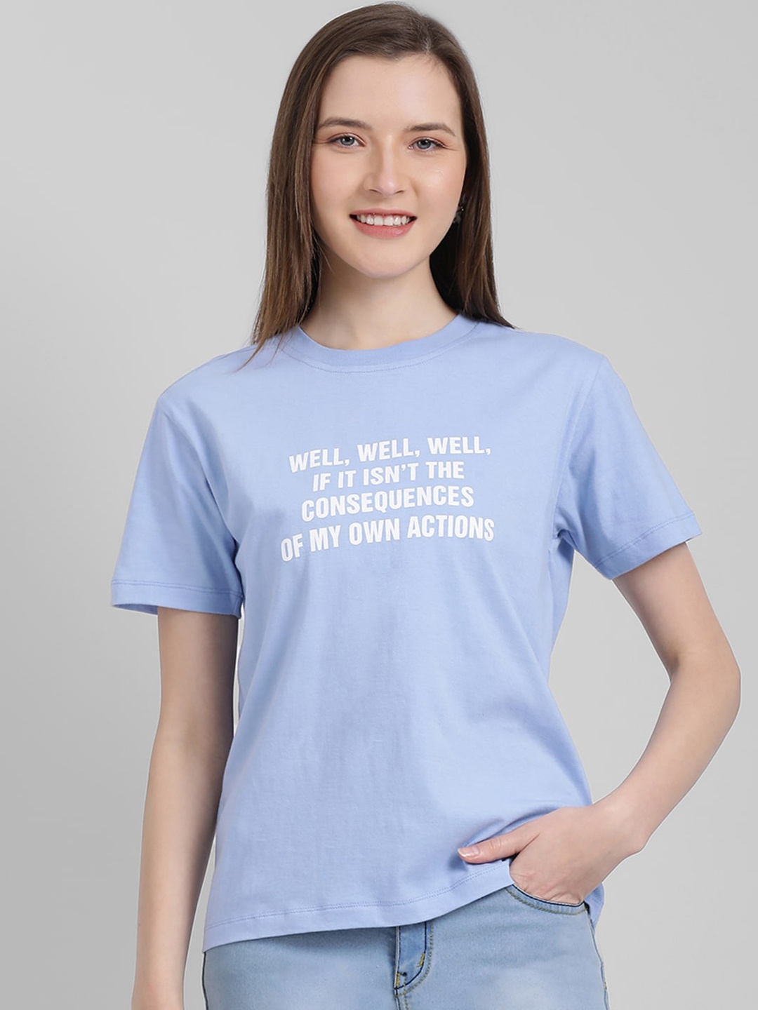 

Zink London Women Blue Printed Round Neck Pure Cotton T-shirt