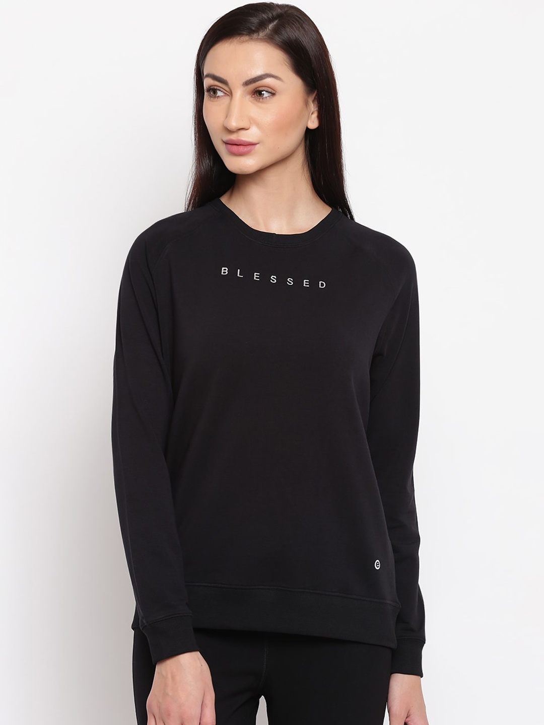 

Enamor Women Crew Neck Stretch Cotton Long Sleeves Basic Sweatshirt E079, Black