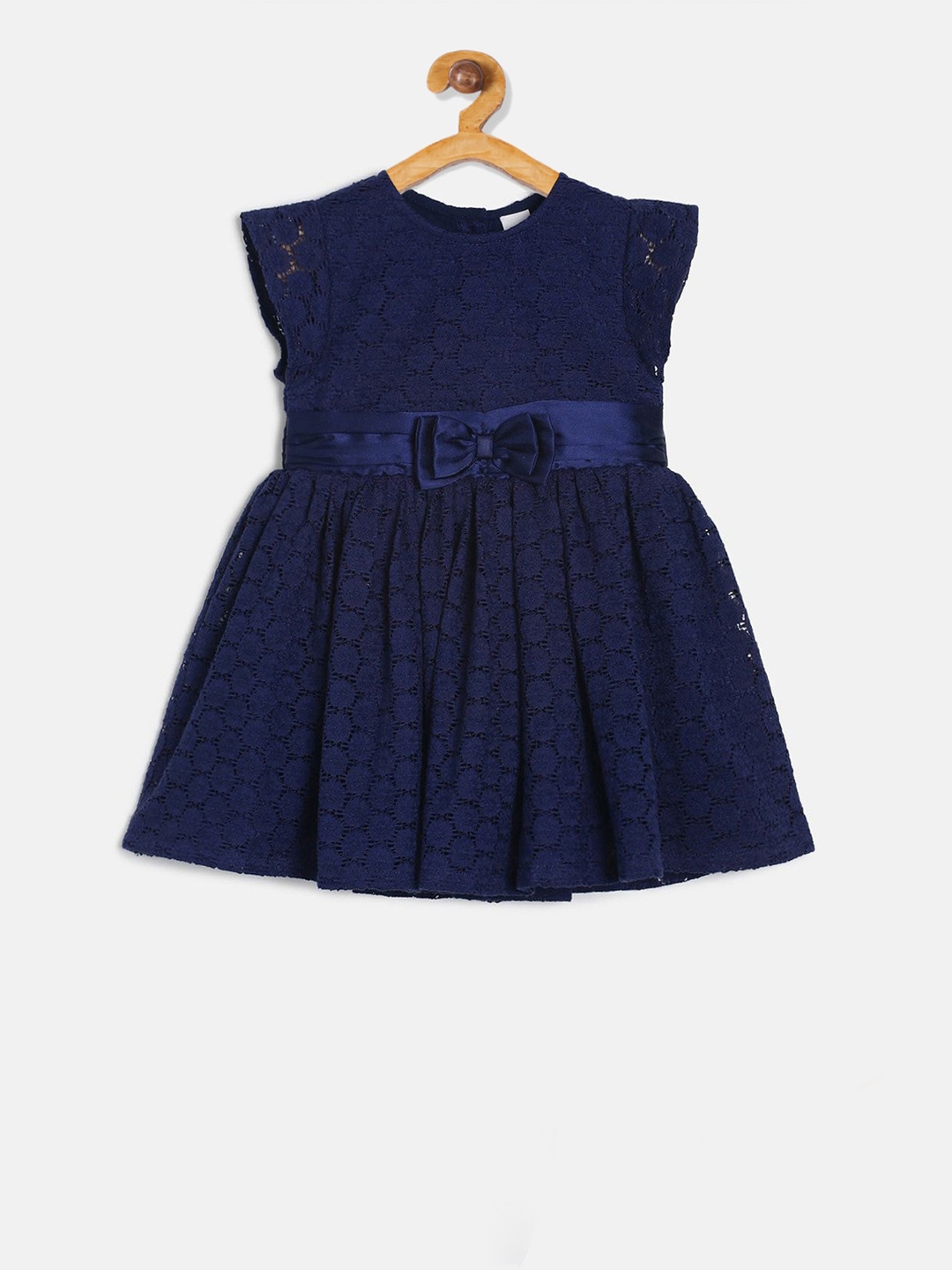 MINI KLUB Girls Navy Blue Self Design Fit and Flare Dress