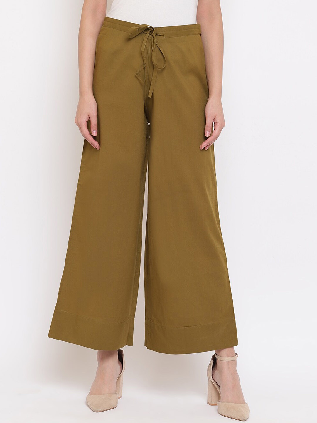 

Janasya Women Olive Green Solid Straight Palazzos