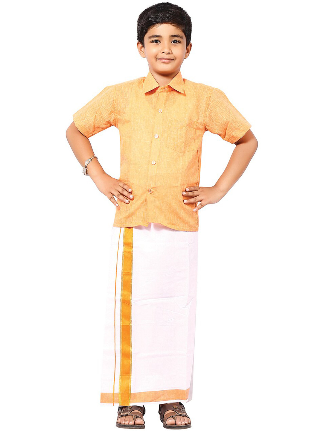 

Thangamagan Boys Yellow & White Self Design Shirt and Veshti