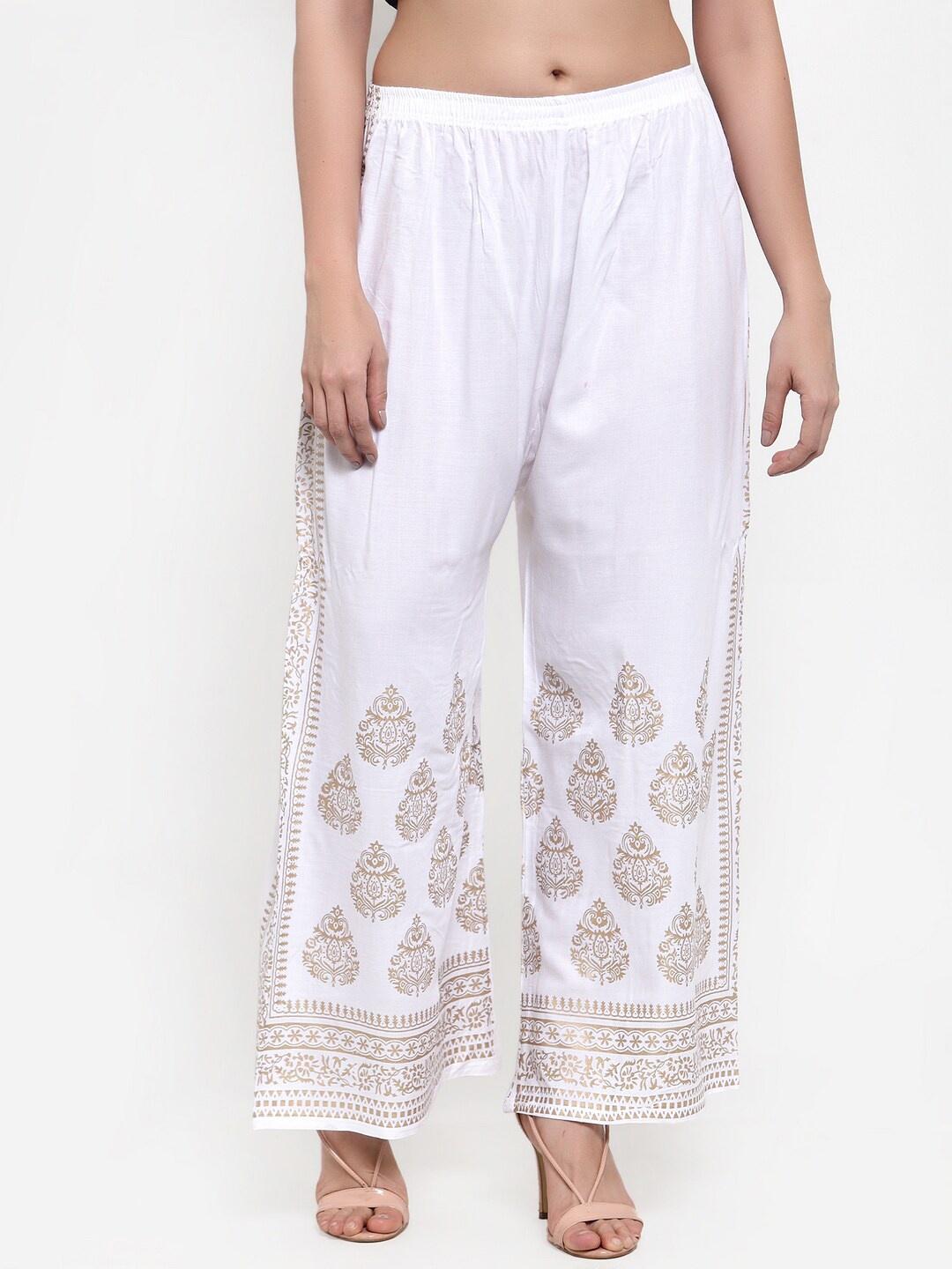 

Miaz Lifestyle Women White & Gold-Coloured Printed Straight-Fit Palazzos