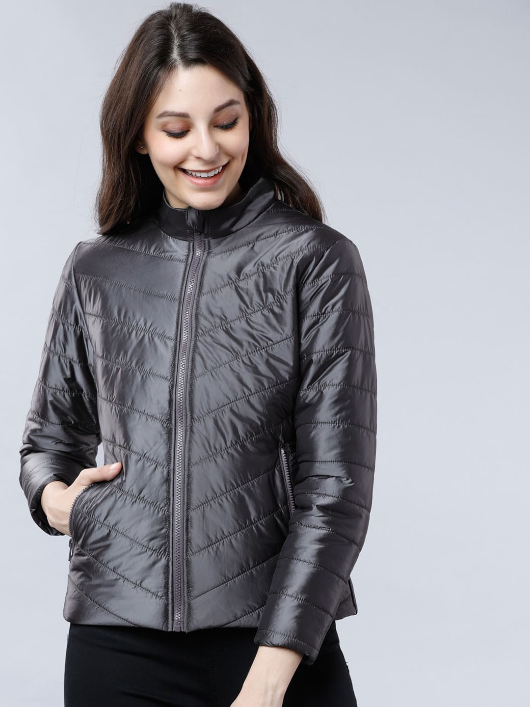 

Tokyo Talkies Women Grey Solid Padded Jacket