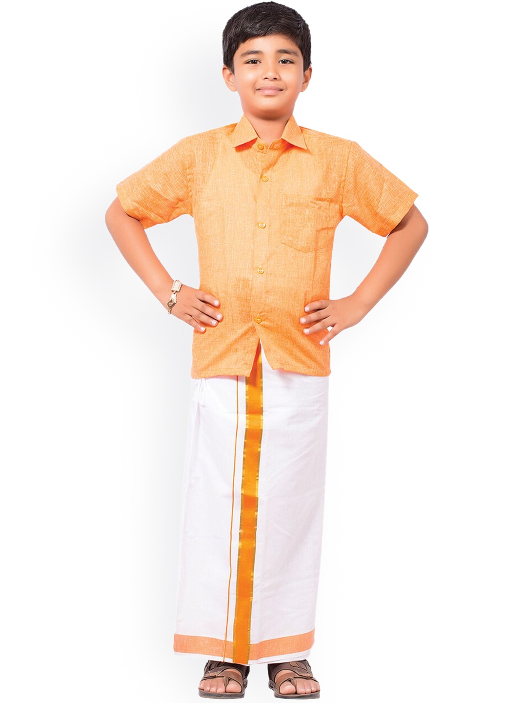 

Thangamagan Boys Peach-Coloured & White Solid Shirt and Veshti