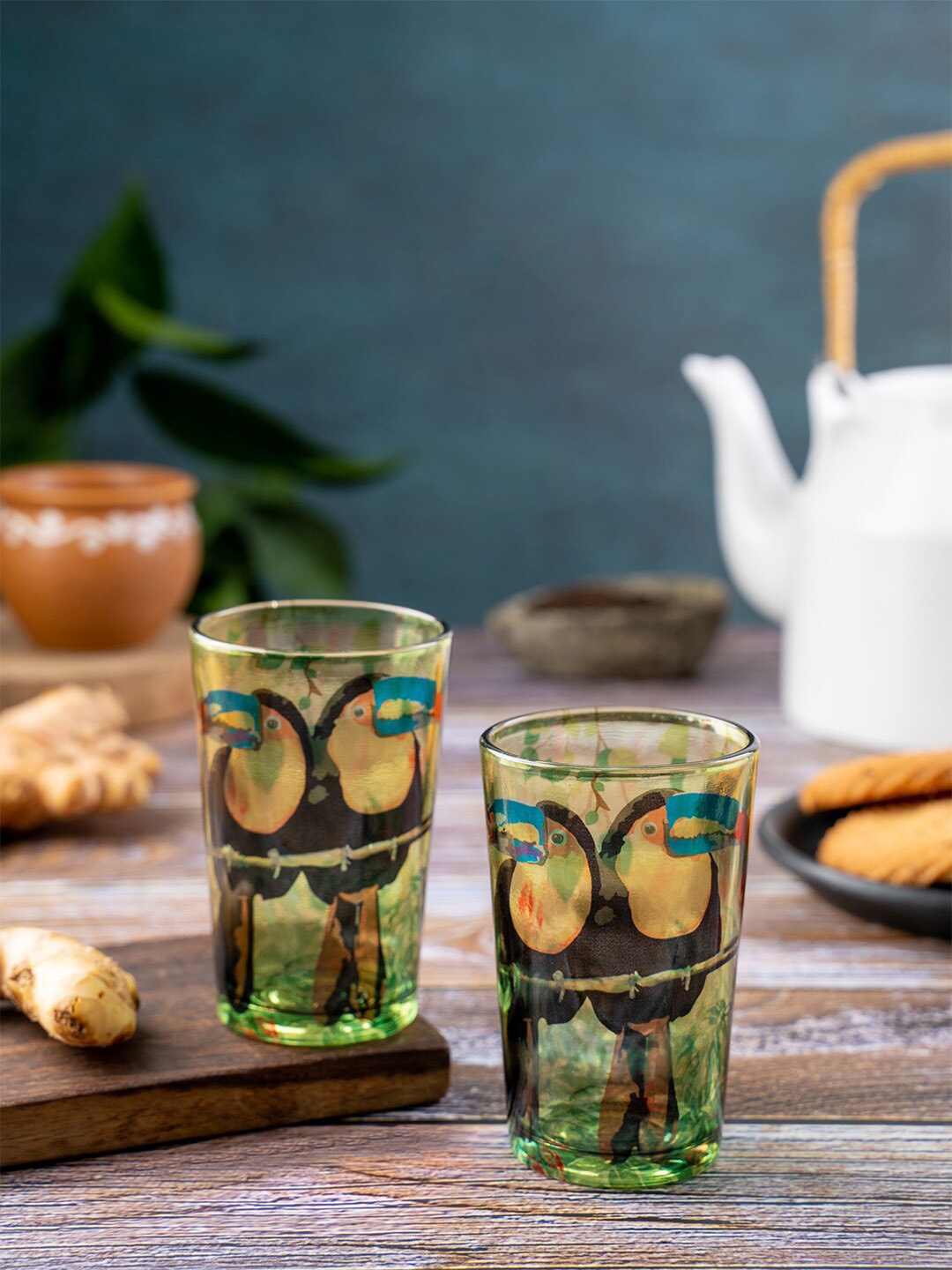 KOLOROBIA Set Of 2 Green & Black Hand Painted Chai Glasses-200ML