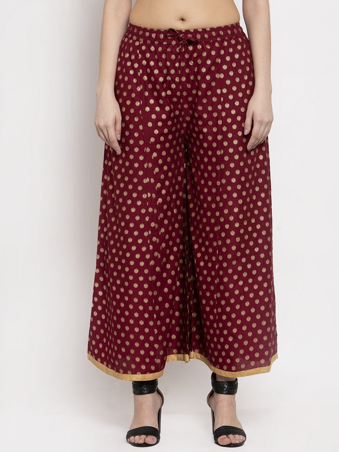 

Miaz Lifestyle Women Maroon & Gold Printed Flared Palazzos